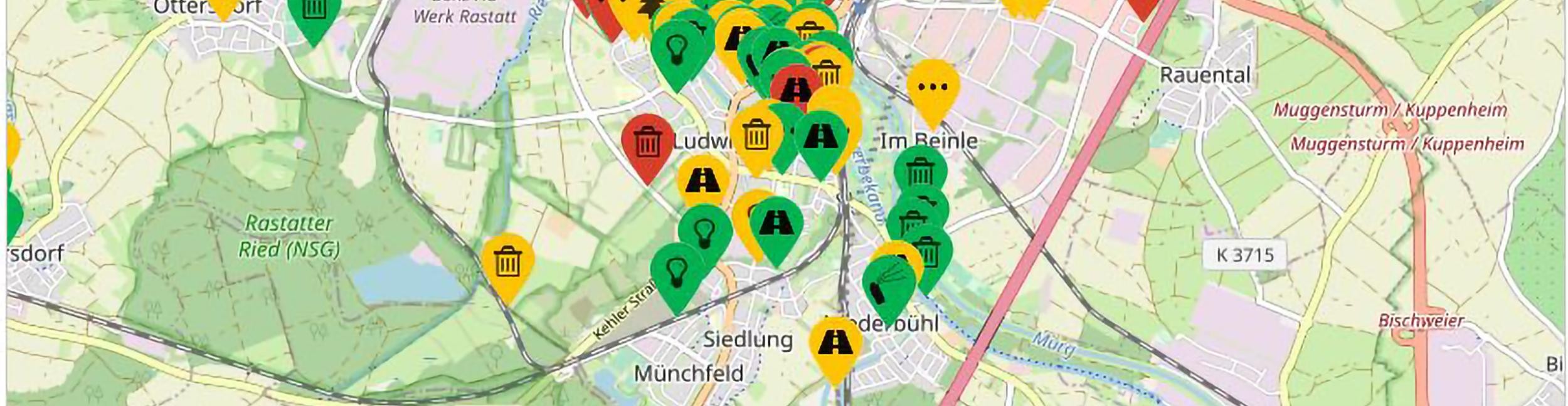 Kartenausschnitt des Mängelmelders der Stadt Rastatt 