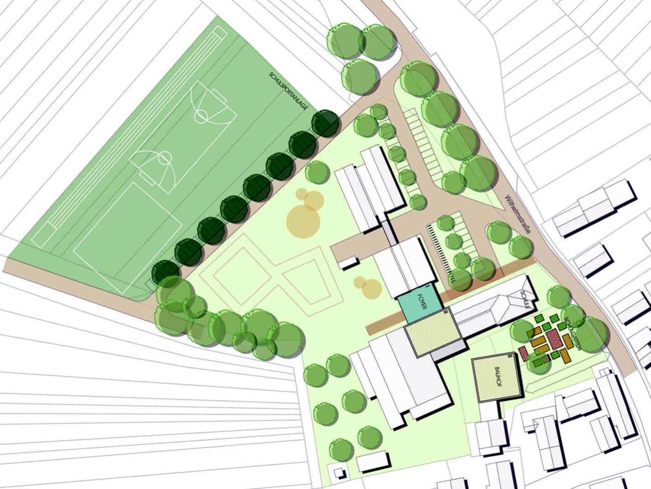 Grafik Bildungszentrum Ottersdorf mit Straßen, Bäumen und Häusern