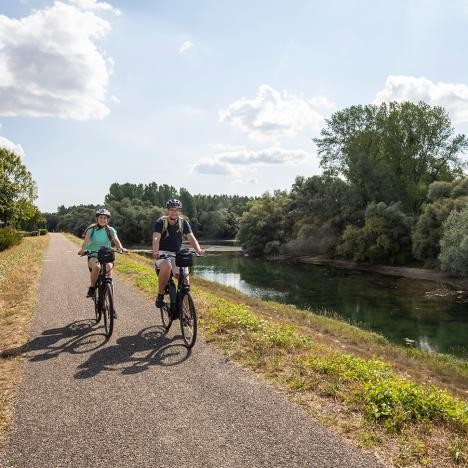 Fahrradfahrer auf dem Rheindamm bei Plittersdorf