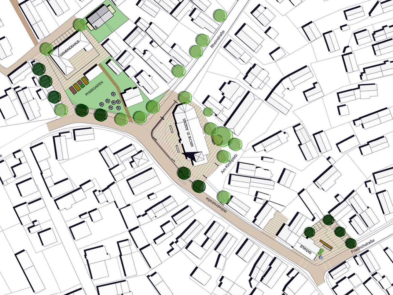 Graphique du centre d'Ottersdorf avec les rues, les arbres et les maisons