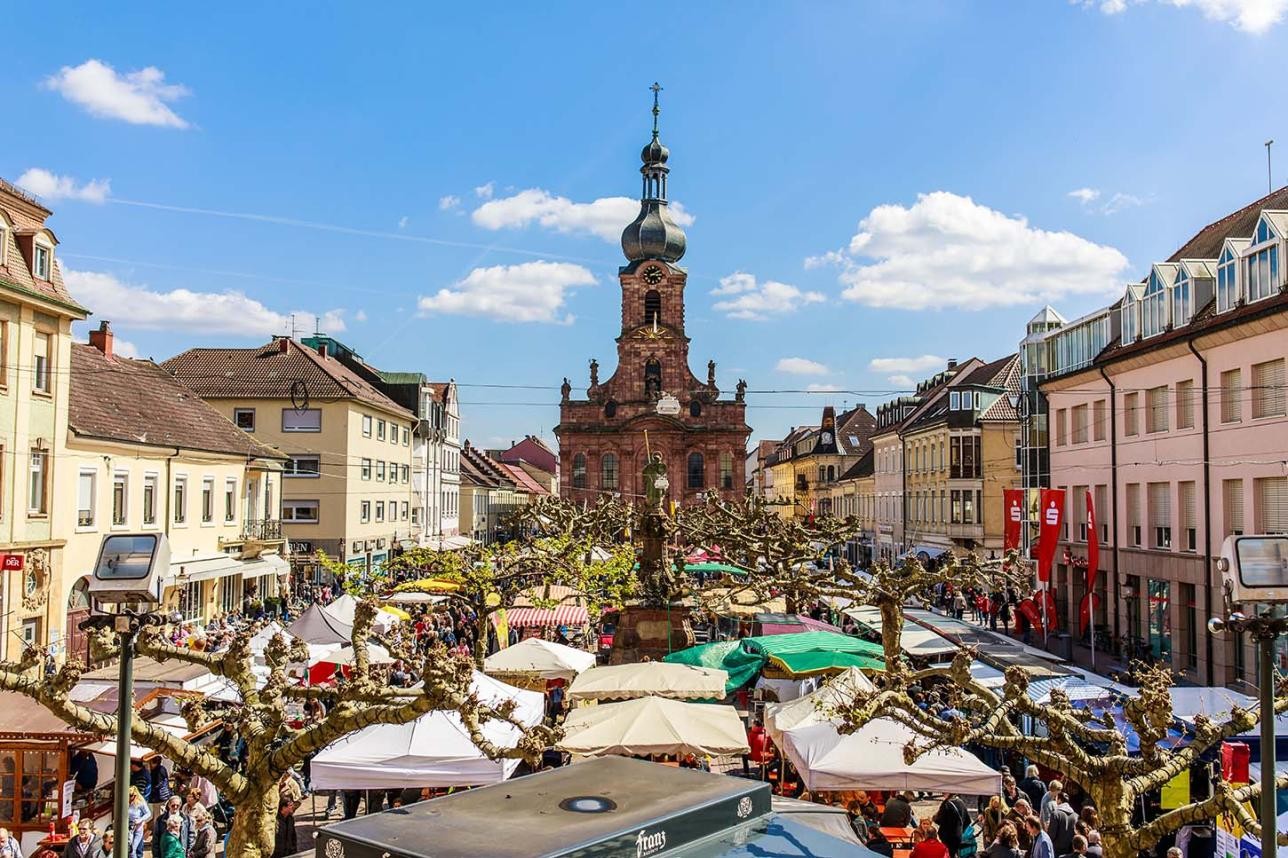 Spring market with stalls on the market square in Rastatt