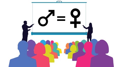 Drawing of a presentation, illustration of icons: Women equal men
