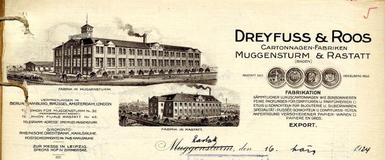 Letterhead of the company Dreyfuss & Roos Cartonnagen-Fabrik
