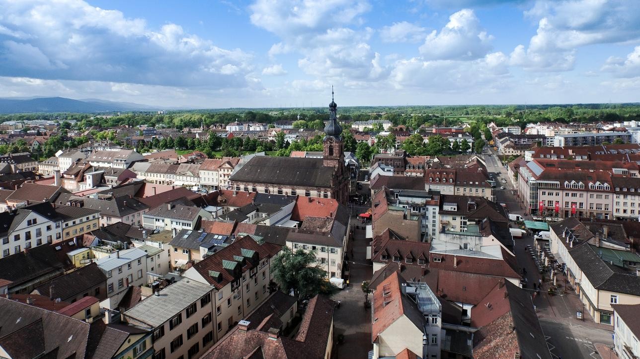 Aerial view of the city center with St. Alexander's church tower