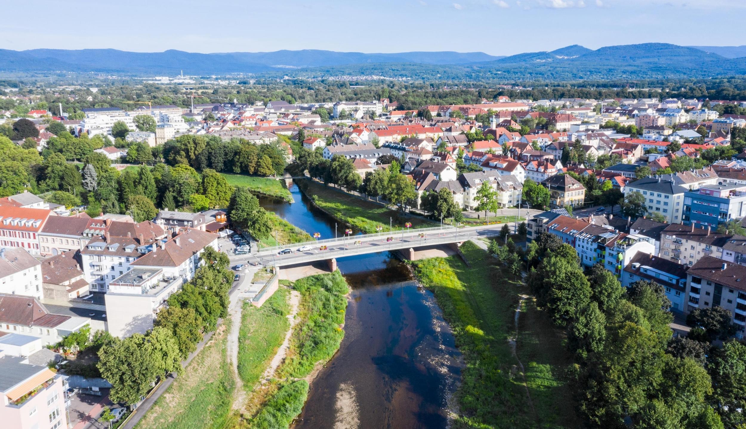 Aerial view of Rastatt with Murg and the city center