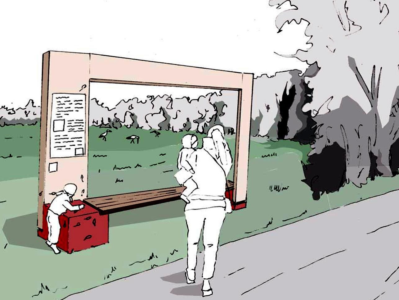 Zeichnung neuer Lehrpfad an der Rheinpromenade in Plittersdorf mit Familie, die eine Infotafel anschaut