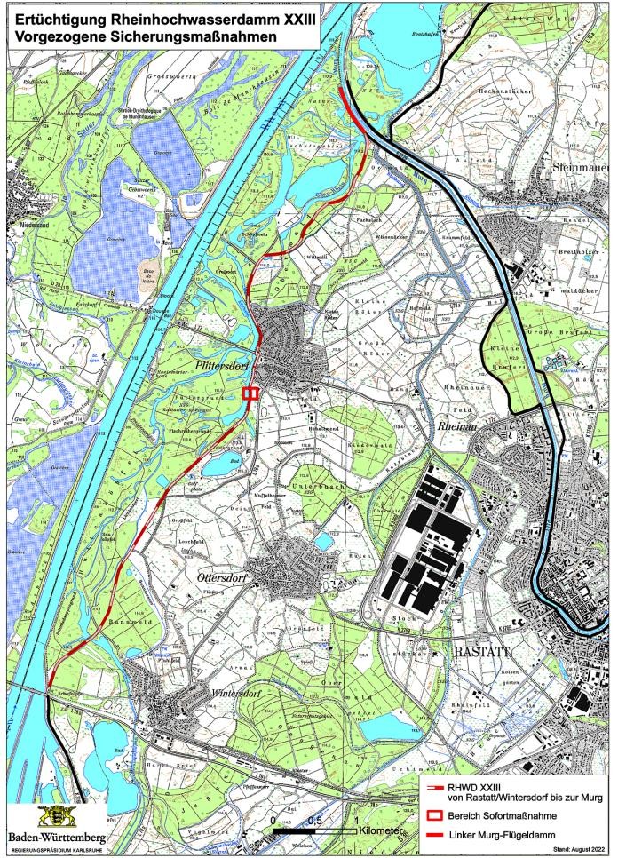 Plan de réhabilitation de la digue XXIII contre les crues du Rhin avec le cours du Rhin, les champs et les forêts