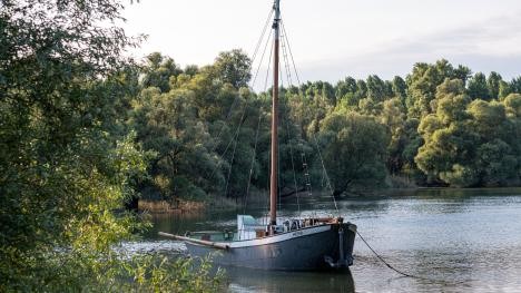 Museumsschiff Heini, das in einem Altrheinarm bei Wintersdorf ankert