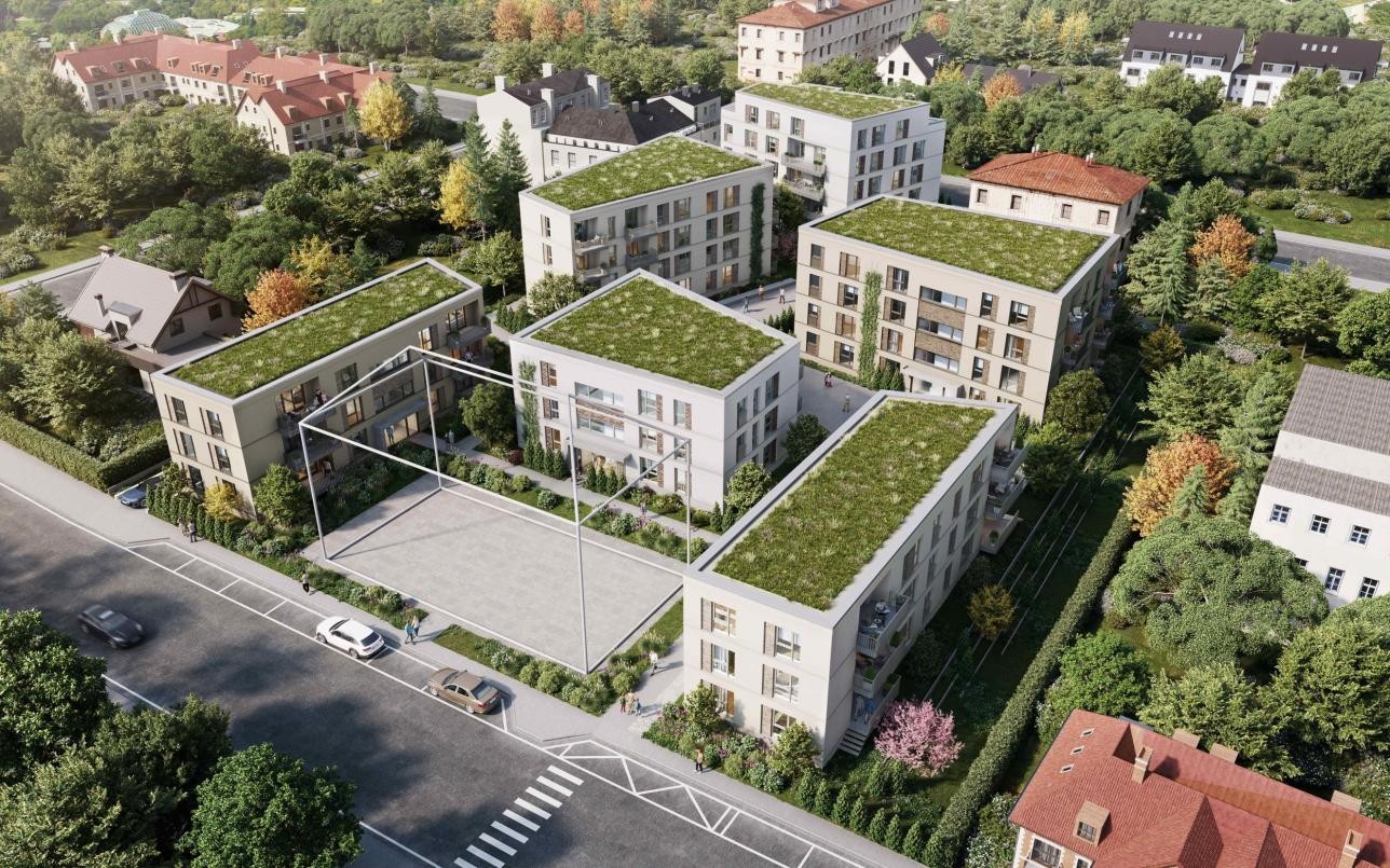 Visualization with 6 residential blocks with green roofs