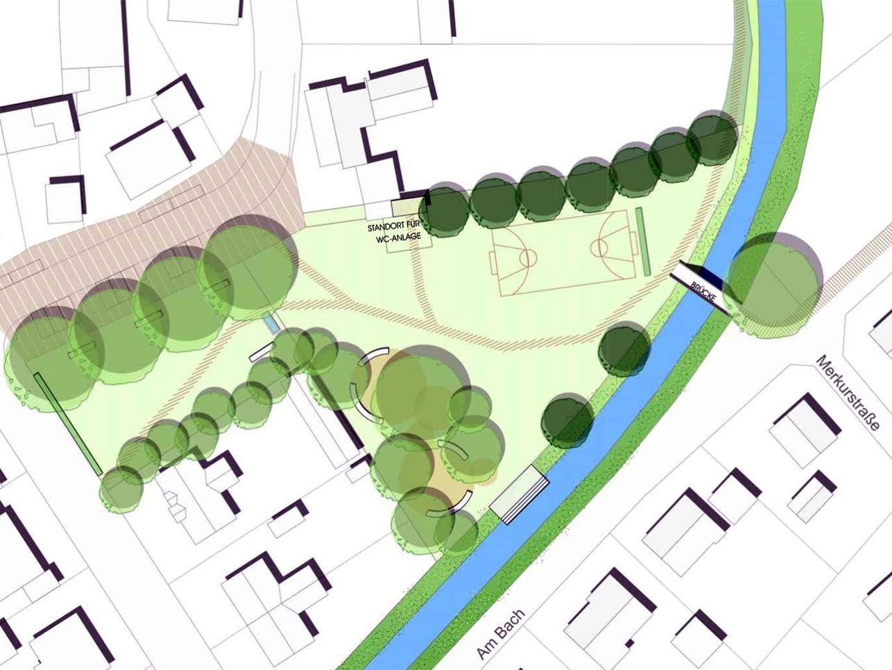 Der Zugang vom „Grünen Dorfplatz“ zum Ooser Landgraben wird mittels Brücke und Sitzstufen erleichtert. Grafik: Gerhardt.stadtplaner.architekten Zeichnung grüner Dorfplatz Niederbühl mit Häusern, Straßen, Bäumen und Bach