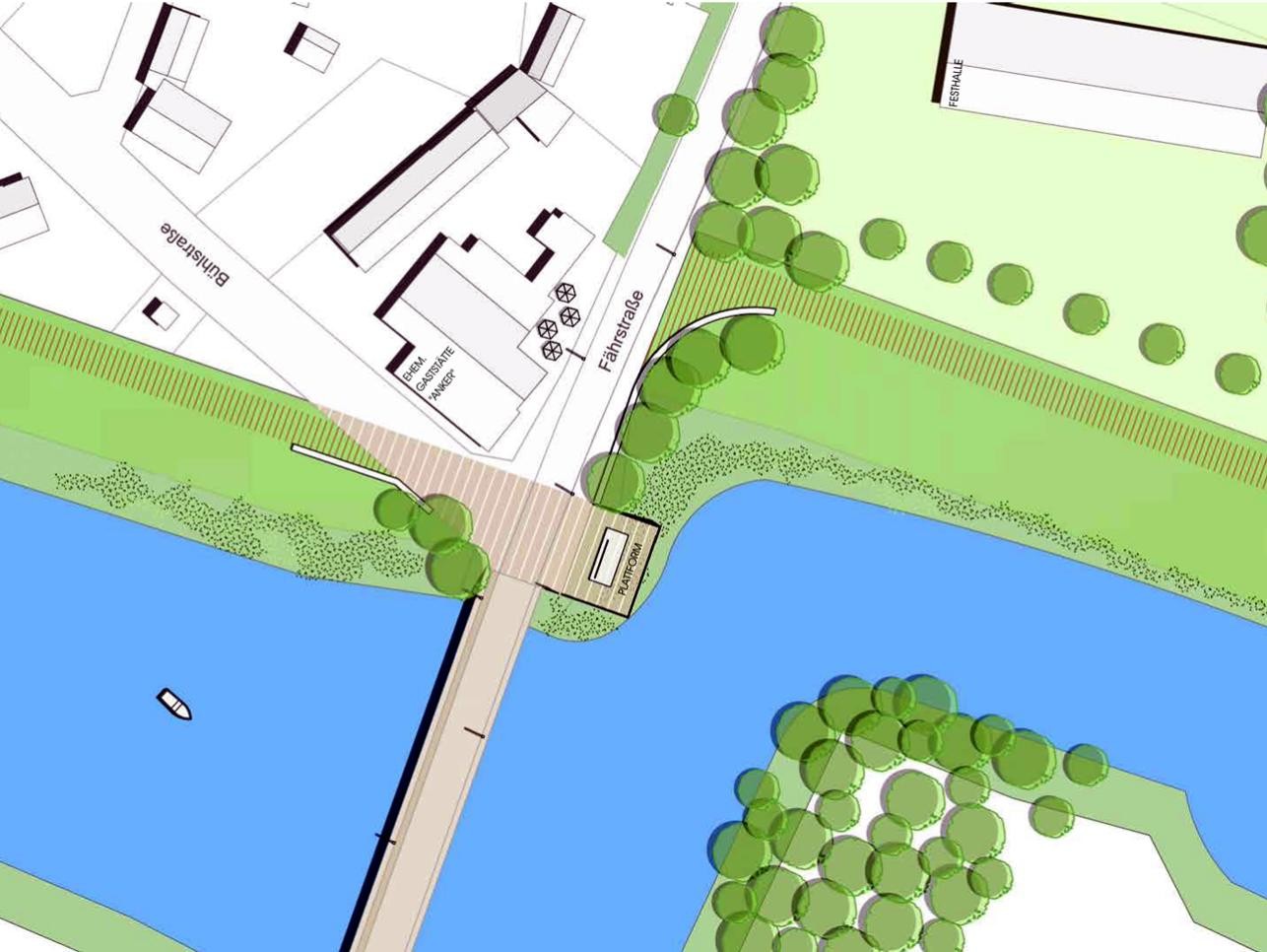 Graphic of the Plittersdorf Anchor Bridge and Fährstrasse with the Old Rhine, houses and trees