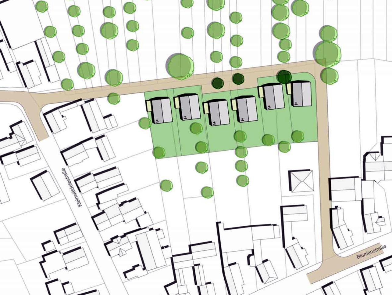 Grafik neue Bebauung Blumenstraße Plittersdorf mit Bäumen, Häusern und Straßen