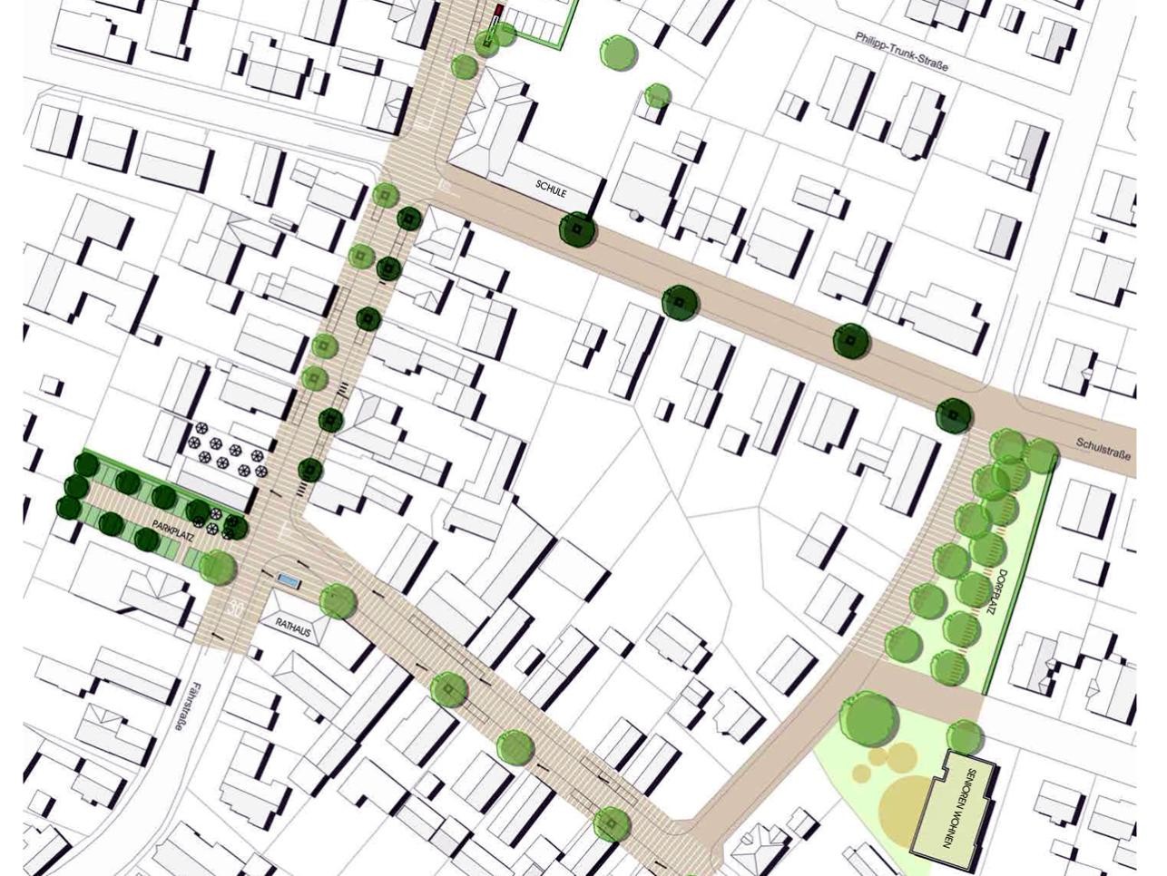 Plan of the new Plittersdorf town center with streets, houses and trees