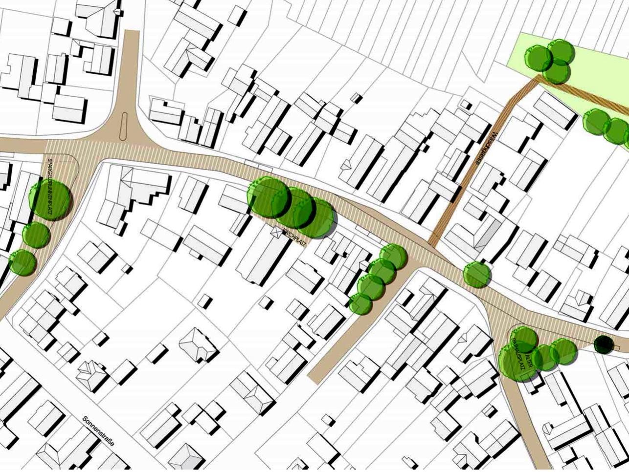 Plan de la rue principale Rauental avec les rues, les maisons et les arbres.