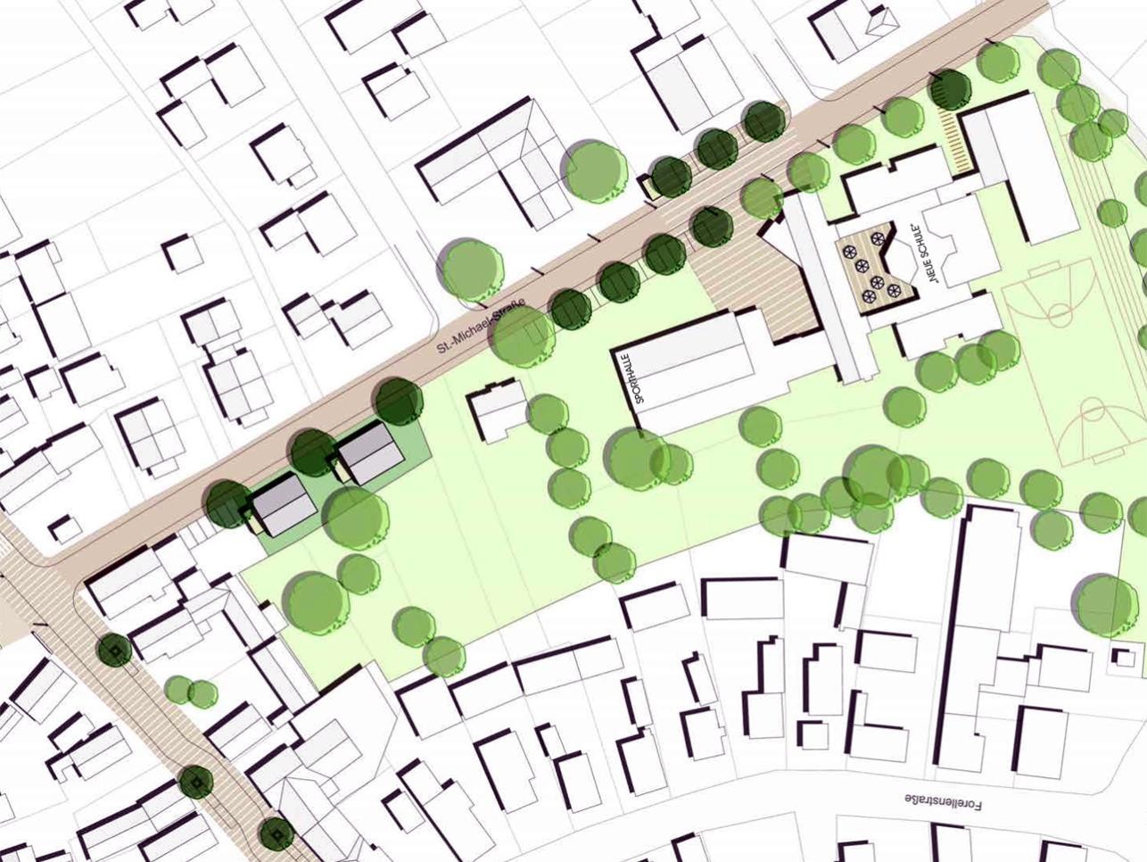 Plan de l'école de Wintersdorf avec les rues, les maisons et les arbres.