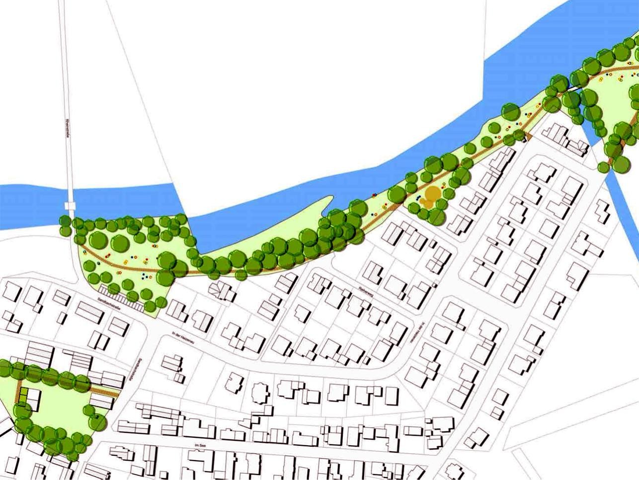 Plan de la prairie artificielle de Wintersdorf avec les rues, les maisons et les arbres.