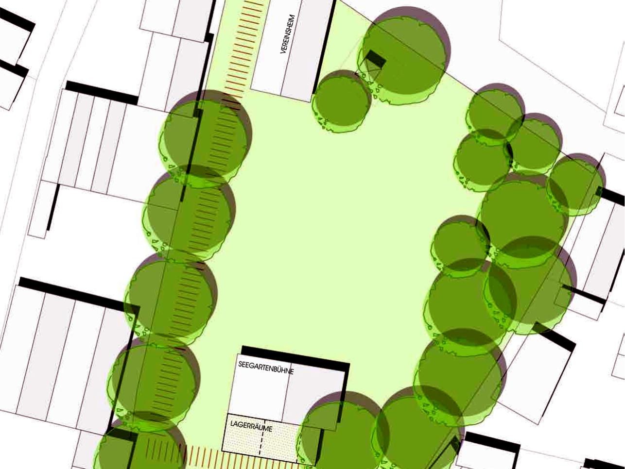 Die Seegartenbühne trägt zum Zusammenhalt der Wintersdorfer Bevölkerung bei. Grafik: Gerhardt Stadtplaner Architekten Plan Seegartenbühne Wintersdorf mit Straßen, Häusern und Bäumen.