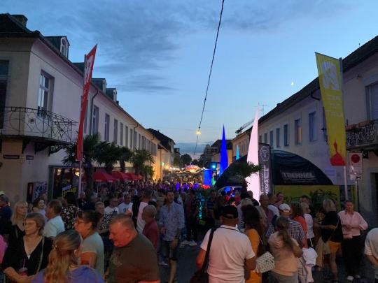 Menschen feiern in der Schlossstraße beim Stadtfest 2023 in Rastatt.