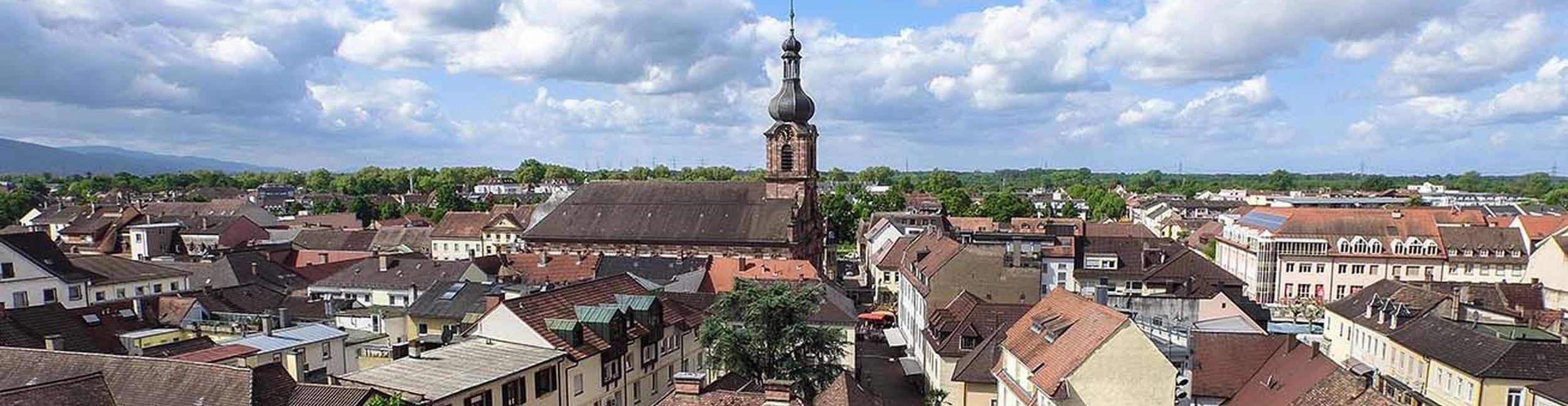City center from above with the bell tower of the Saint Alexandre church