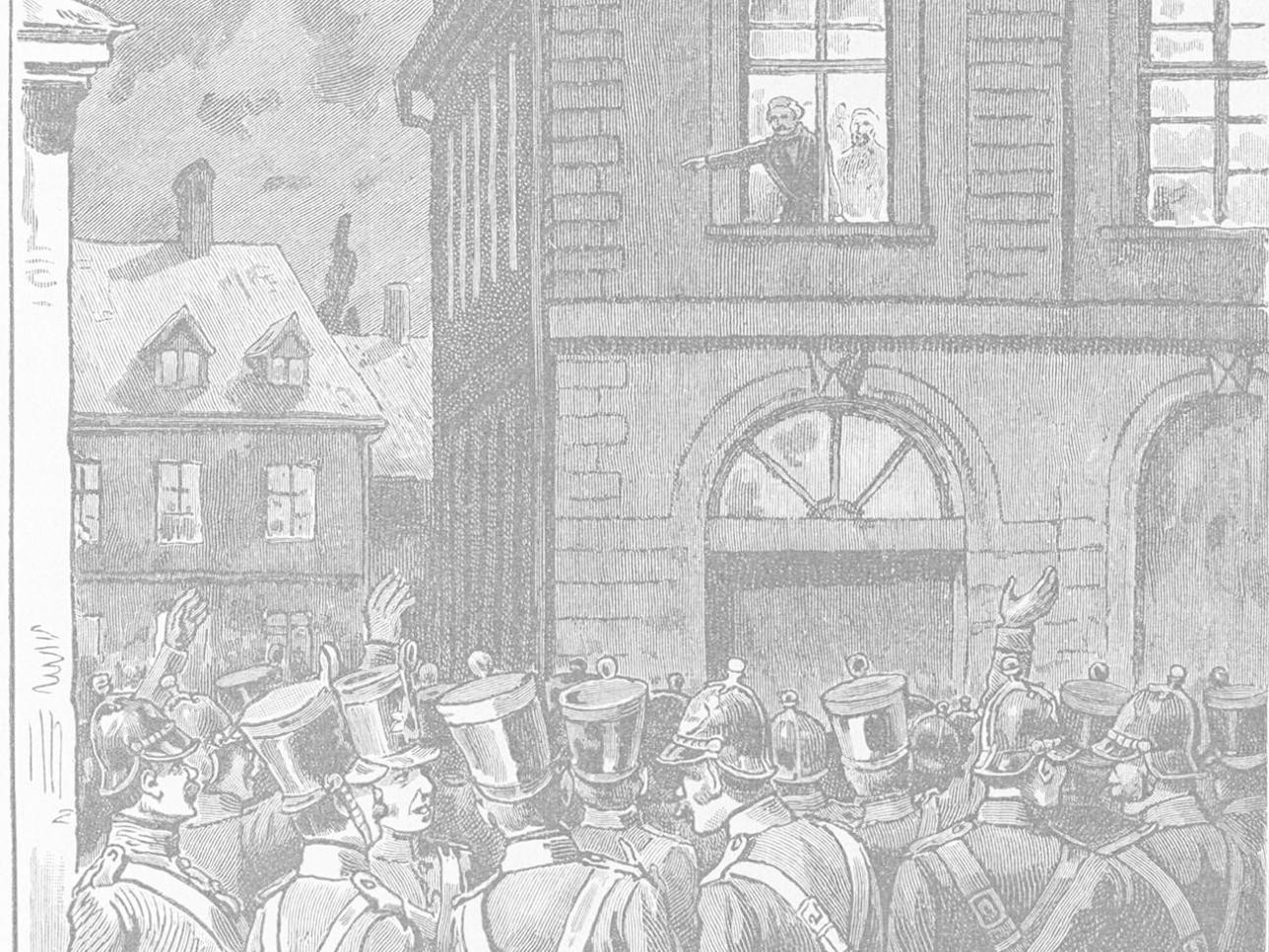 Der badische Revolutionär Amand Goegg verkündet am 13. Mai 1849 aus einem Fenster des Rastatter Rathauses die Offenburger Beschlüsse 