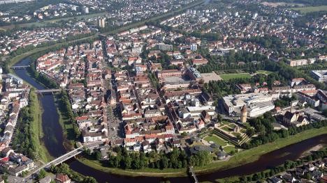 Aerial view of Rastatt city center with Murg