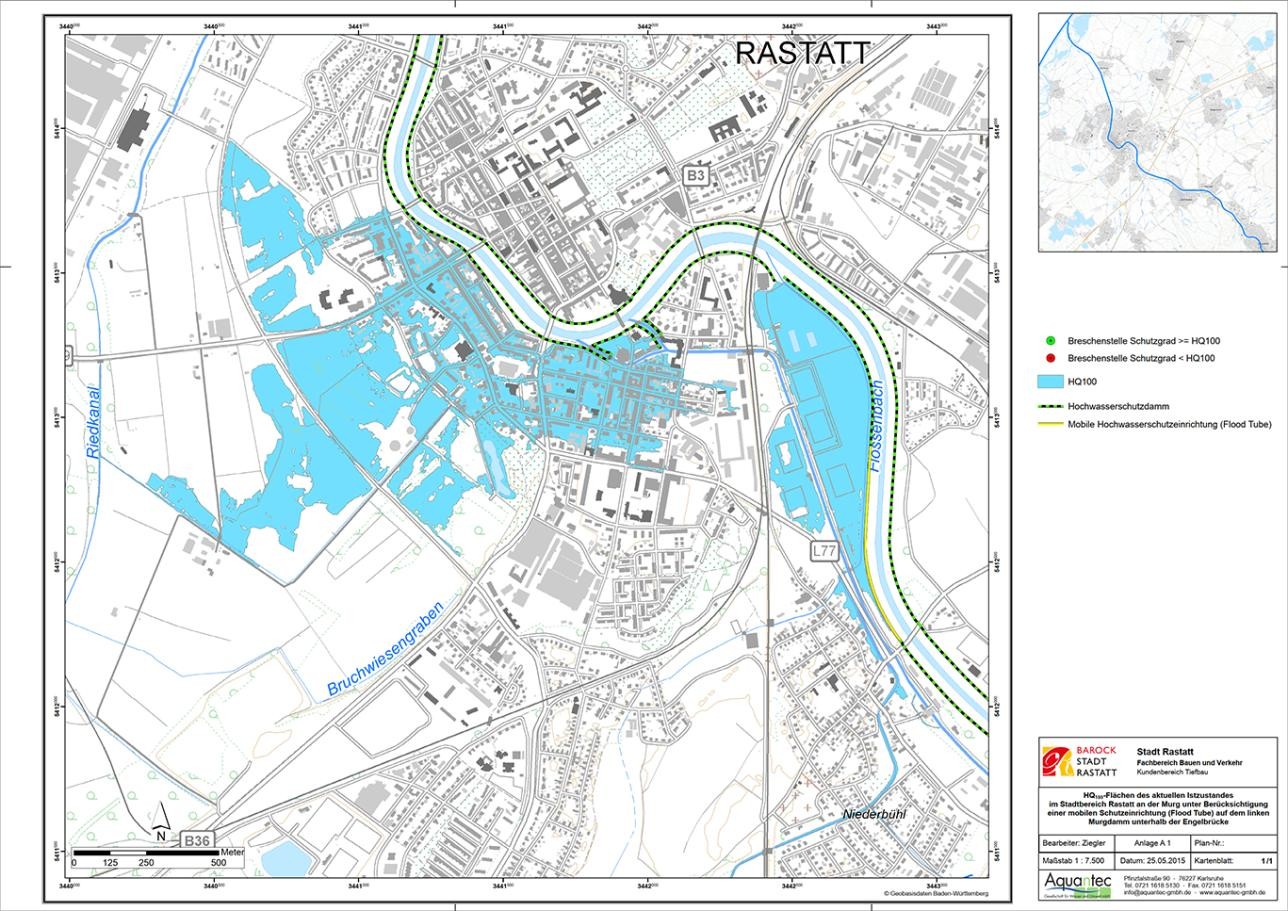 Rastatt Karte Innenstadtbereich mit Überflutungsflächen der Murg