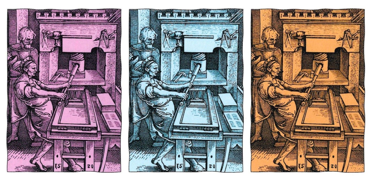 Am Oberrhein entstanden im 15. Jahrhundert viele Druckwerkstätten, in denen Druckpressen im Einsatz waren. Kollage: erstellt von Ute Luber/Stadt Rastatt Kollage Druckpressen