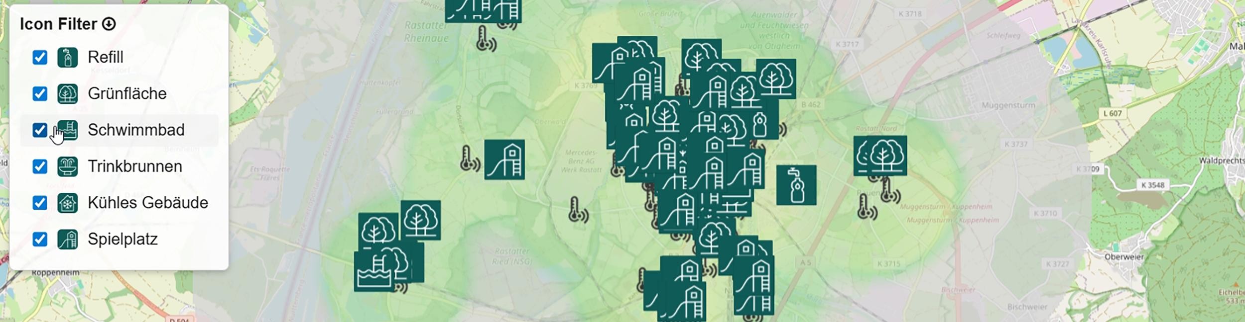 Digitale Hitzekarte der Stadt Rastatt Screenshot Hitzekarte Stadt Rastatt