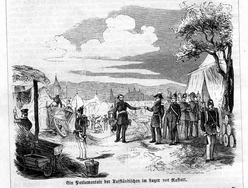 Grafik in schwarz-weiß, welches ein Lager zeigt vor Rastatt, ein Gruppe von Soldaten steht einem einzelnen Mann gegenüber