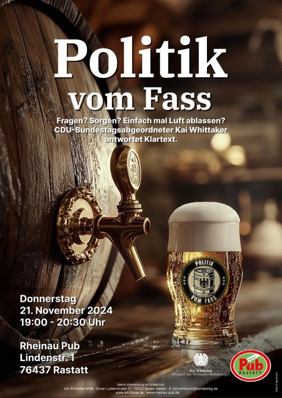 Plakat zur Veranstaltung Faß im Rehinau Pub am 21. November, 19 Uhr mit Kai Whittaker