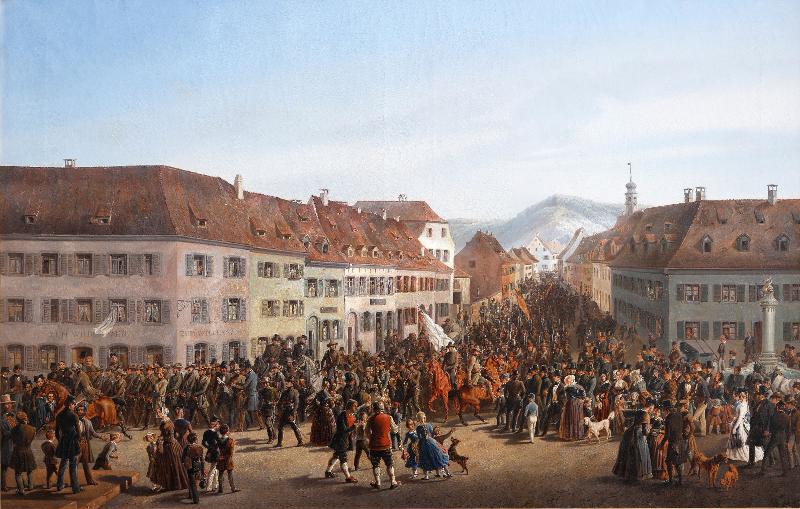 Historisches Bild Einzug der Freischaar Weishaar in Lörrach (Friedrich Kaiser 1848, Dreiländermuseem Lörrach, Foto Carola Hoécker)