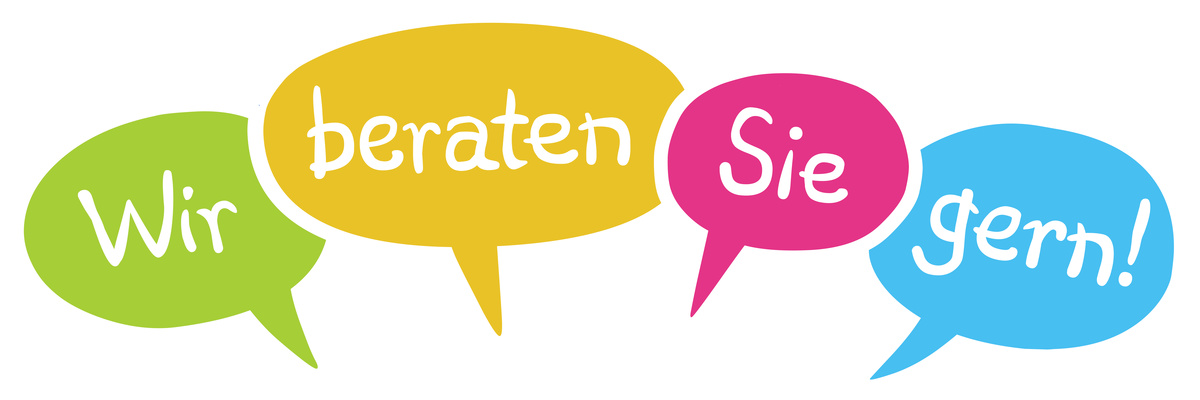 Colorful speech bubbles form lettering: We are happy to advise you