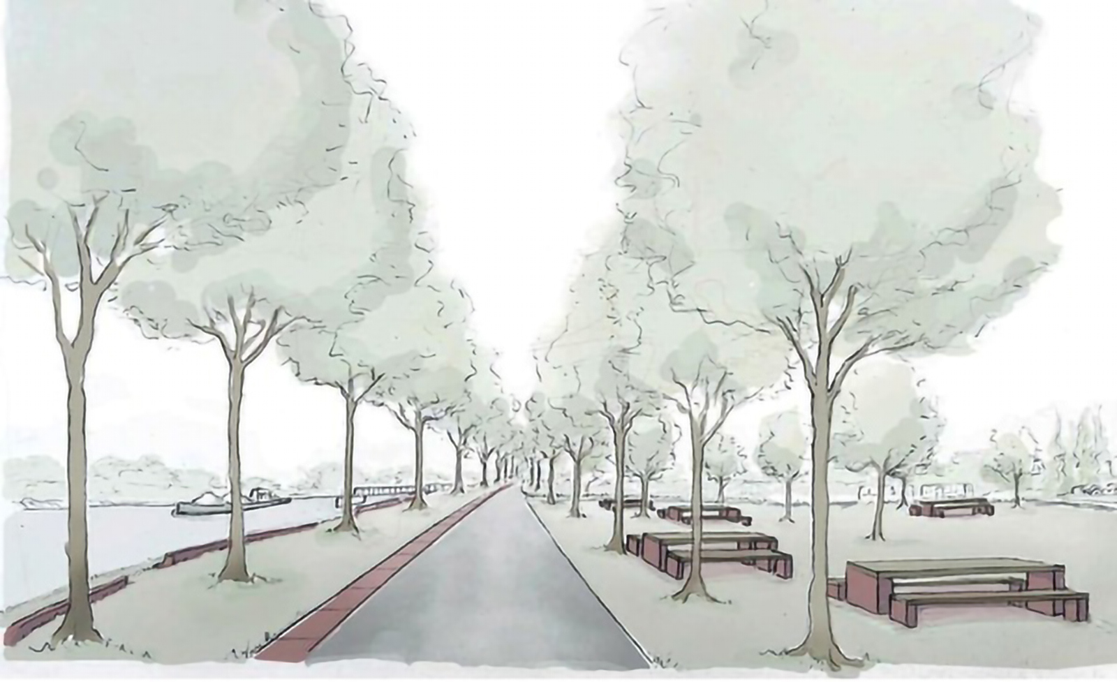 Drawing of the new riverbank area on the Rhine promenade in Plittersdorf. Trees line a path and benches